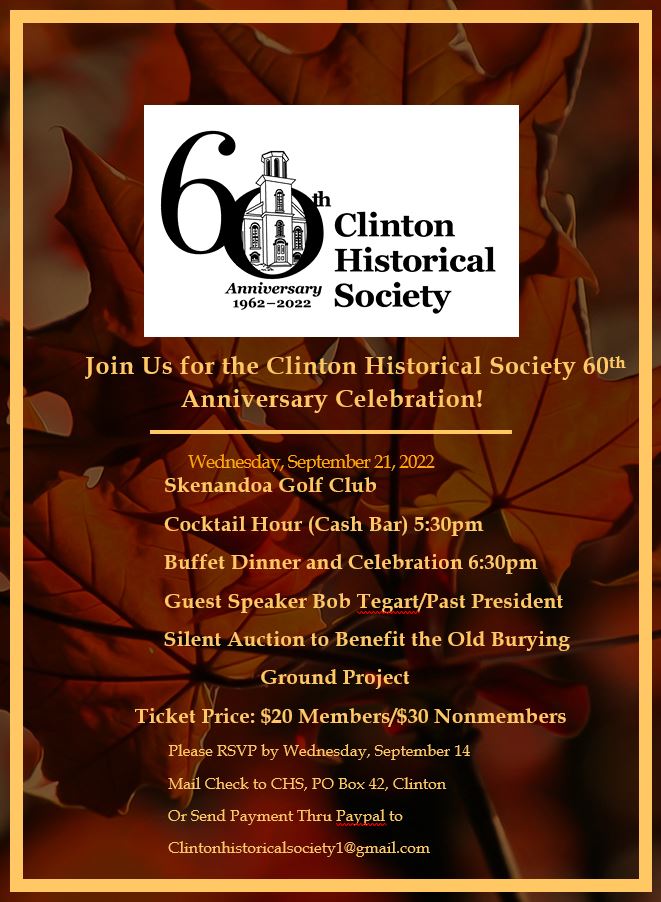 Clinton Historical Society 60th anniversary celebration event September 21st